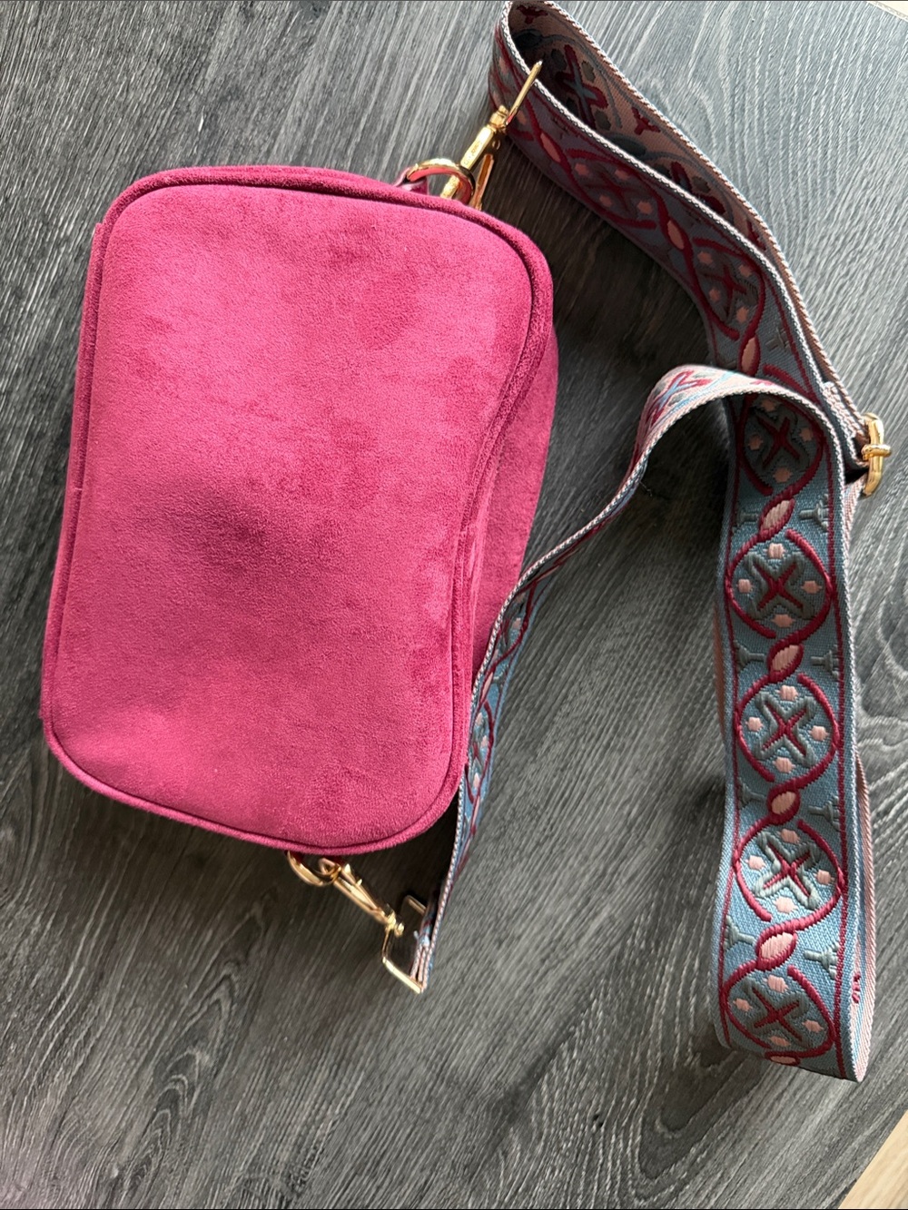 Suede Crossbody Bag with Decorative Strap - Fuchsia